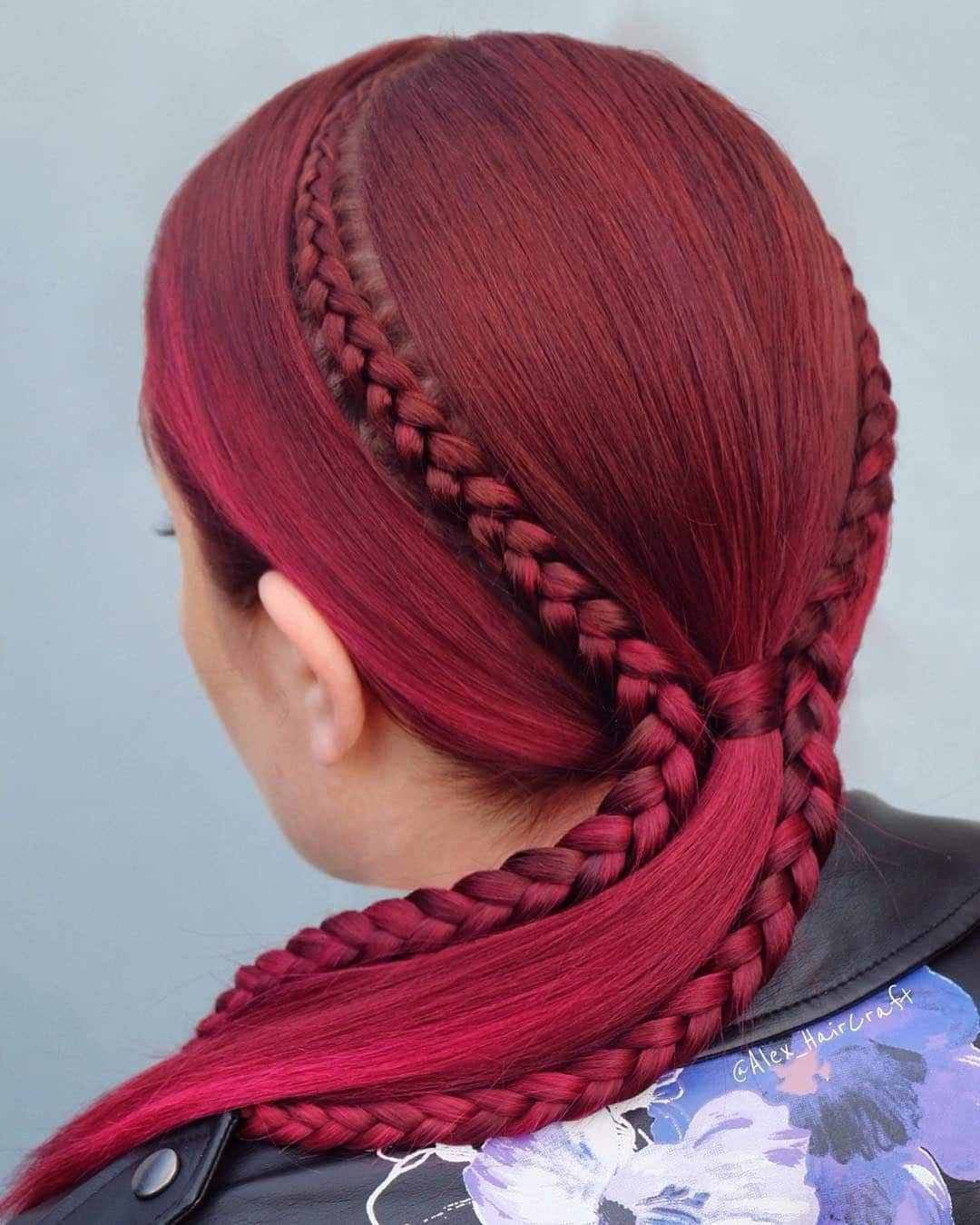 1. Structured Crimson Elegance with Interlaced Braids - Dark Pink Hair Color
