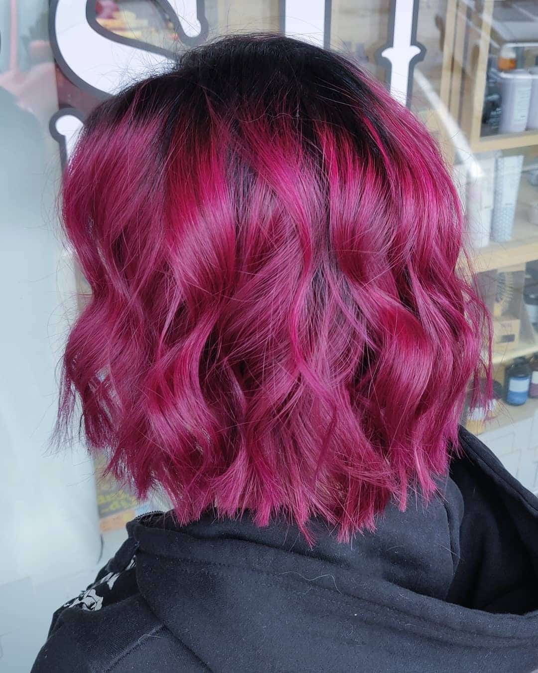 5. Textured Berry Bob with Dark Roots - Dark Pink Hair Color