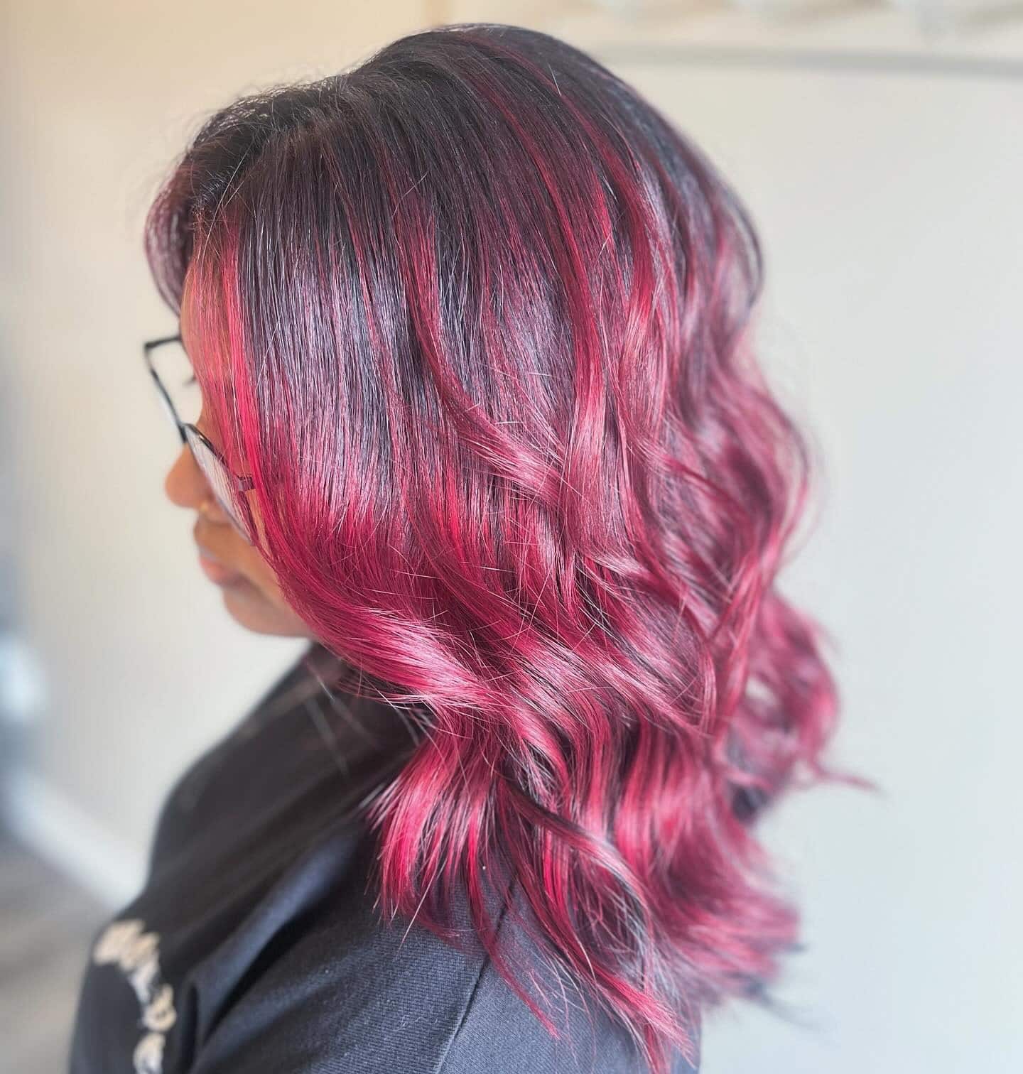 16. Deep Cherry Waves with Glossy Definition - Dark Pink Hair Color