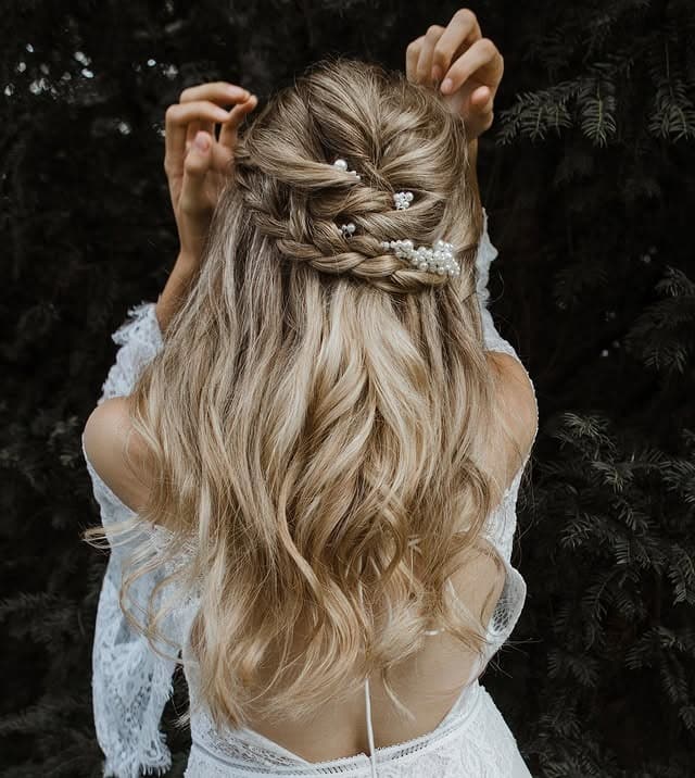 1. Romantic Braided Half Up with Pearl Details – Soft Ash Blonde - Half Up Half Down Hairstyles