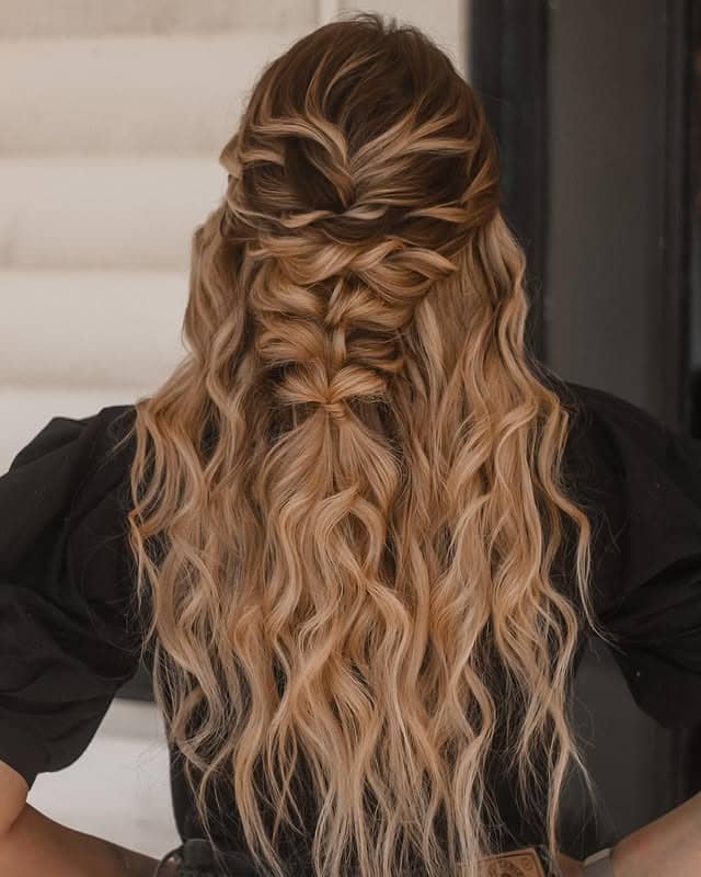 4. Textured Fishtail Half Up – Honey Balayage Blonde - Half Up Half Down Hairstyles