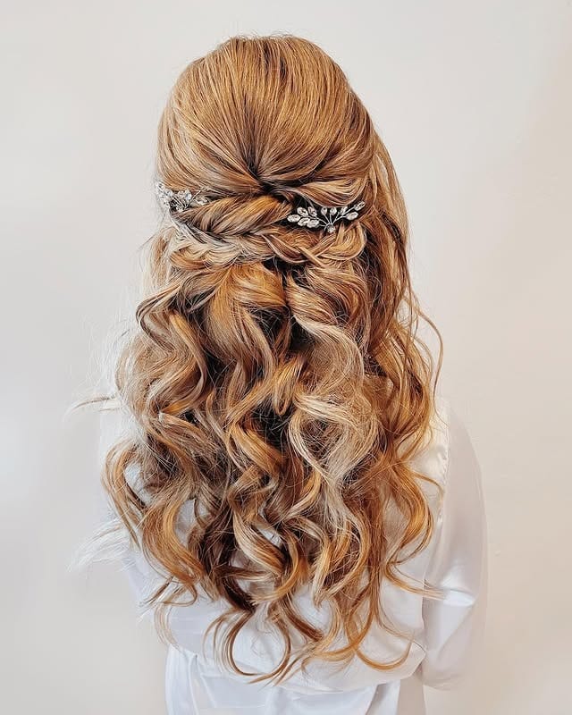 5. Curled Half Up with Crystal Barrette – Golden Caramel Blend - Half Up Half Down Hairstyles
