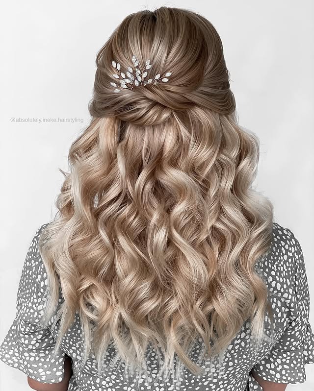 7. Polished Twist Half Up with Gem Clip – Pearl Blonde Ombre - Half Up Half Down Hairstyles