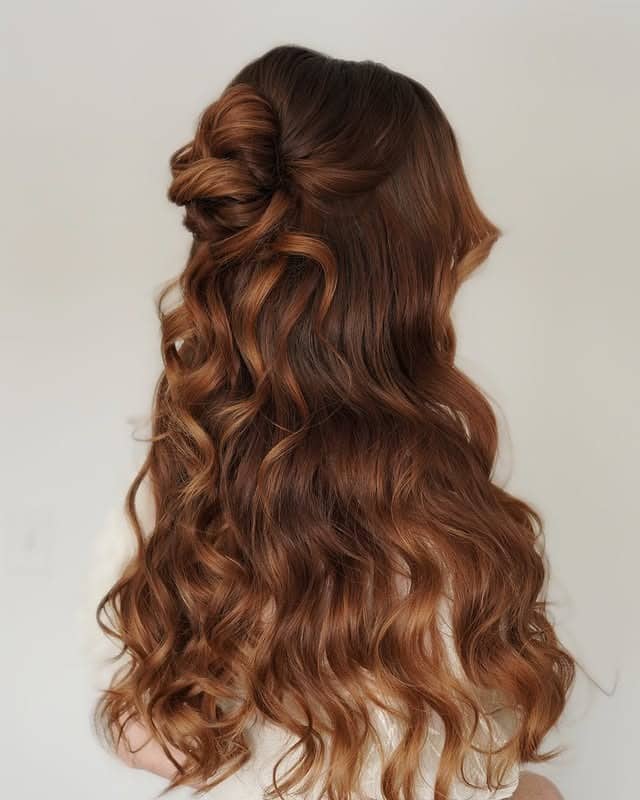 8. Soft Half Up Bow – Auburn Balayage Waves - Half Up Half Down Hairstyles