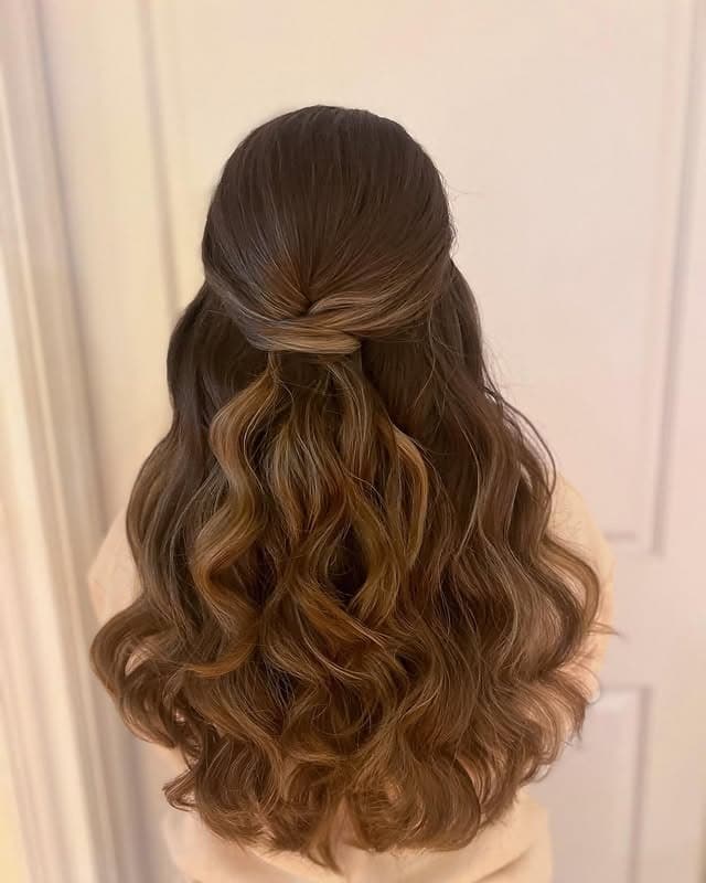 10. Smooth Knot Half Up with Defined Curls – Chestnut Ombre Brown - Half Up Half Down Hairstyles