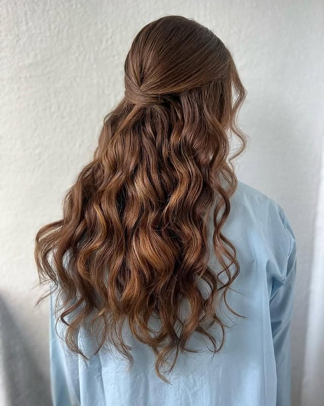 12. Classic Half Up Knot with Flowing Waves – Cinnamon Brown - Half Up Half Down Hairstyles