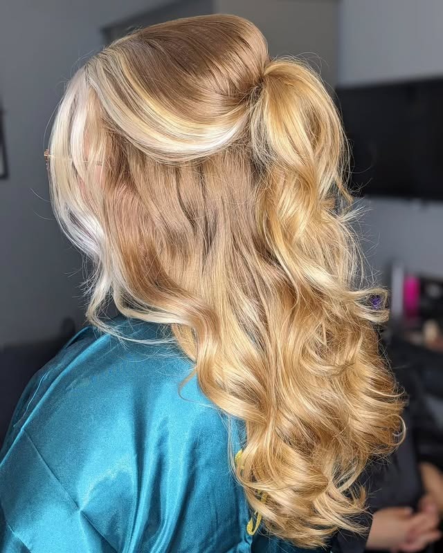 14. Voluminous Curled Half Up Pony – Golden Blonde with Platinum Streaks - Half Up Half Down Hairstyles