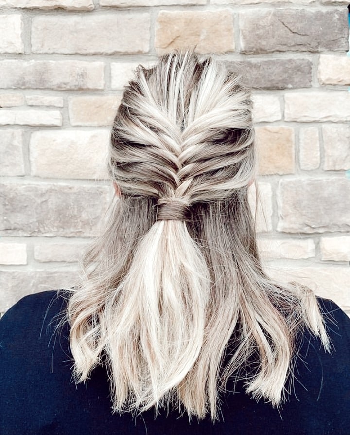 16. Fishtail Half Up with Mid-Length Texture – Icy Ash Blonde - Half Up Half Down Hairstyles
