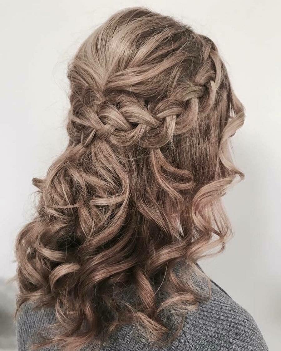 17. Braided Half Up with Defined Curls – Rosewood Brown - Half Up Half Down Hairstyles