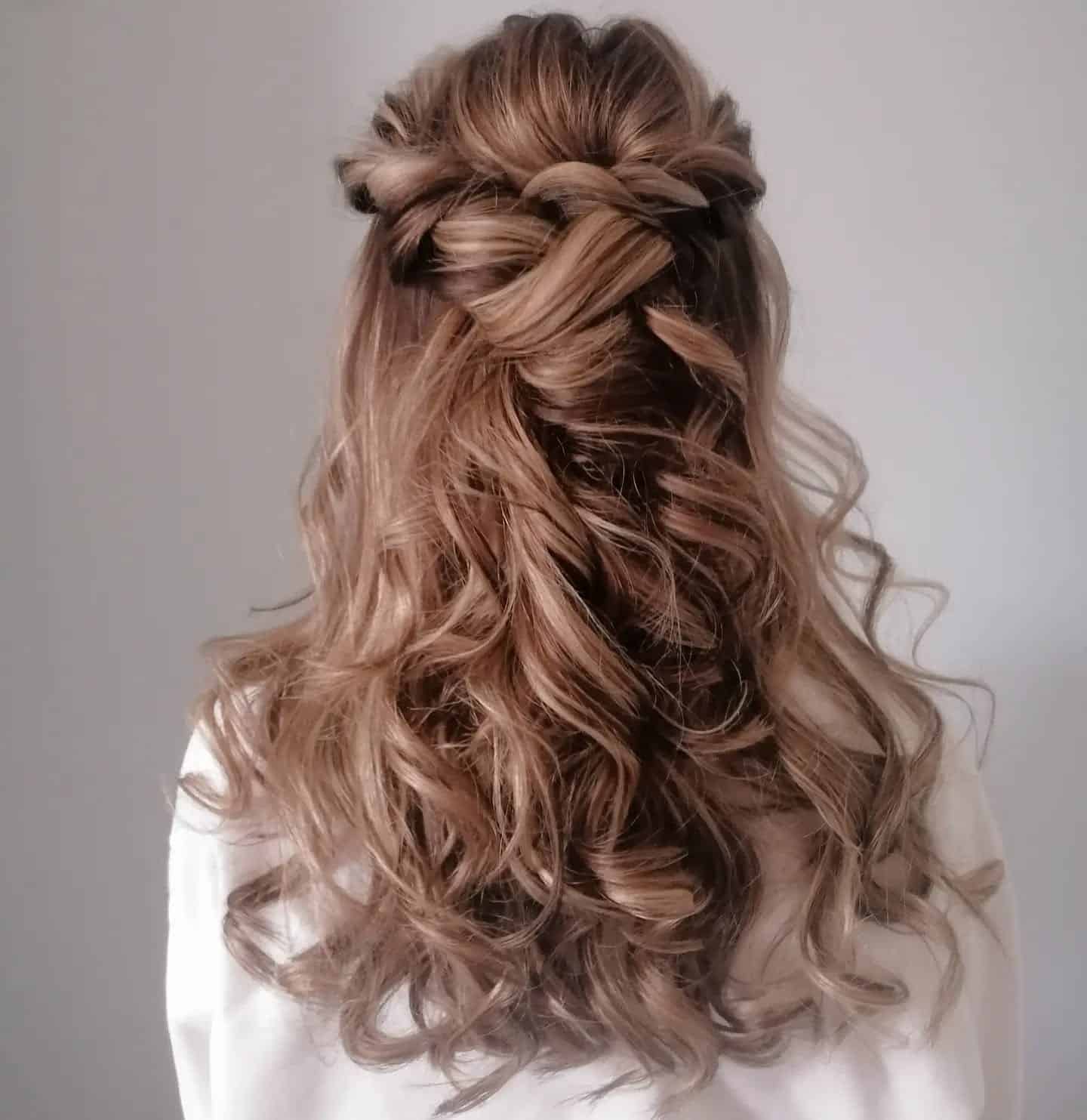 18. Waterfall Half Up with Layered Curls – Light Caramel Brown - Half Up Half Down Hairstyles