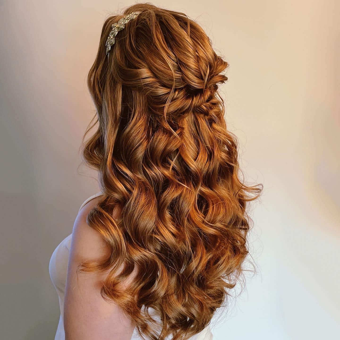 19. Braided Half Up with Hairpiece Accent – Rich Copper Red - Half Up Half Down Hairstyles