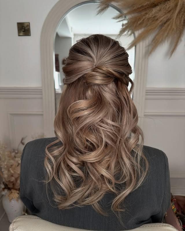 22. Knotted Half Up with Loose Curls – Toffee Beige Blonde - Half Up Half Down Hairstyles