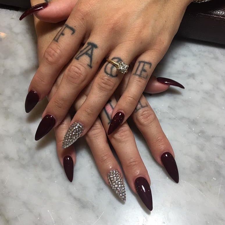 7. Burgundy Diamond Glam - exotic nail ideas