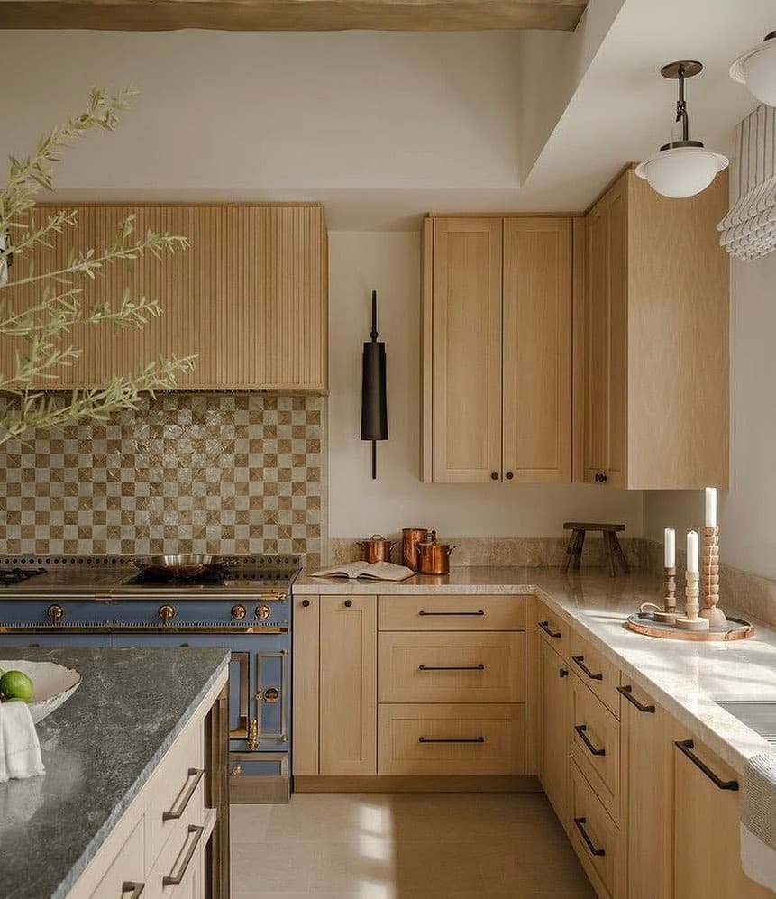 5. Warm Oak & Checker Tile Harmony - neutral kitchen ideas