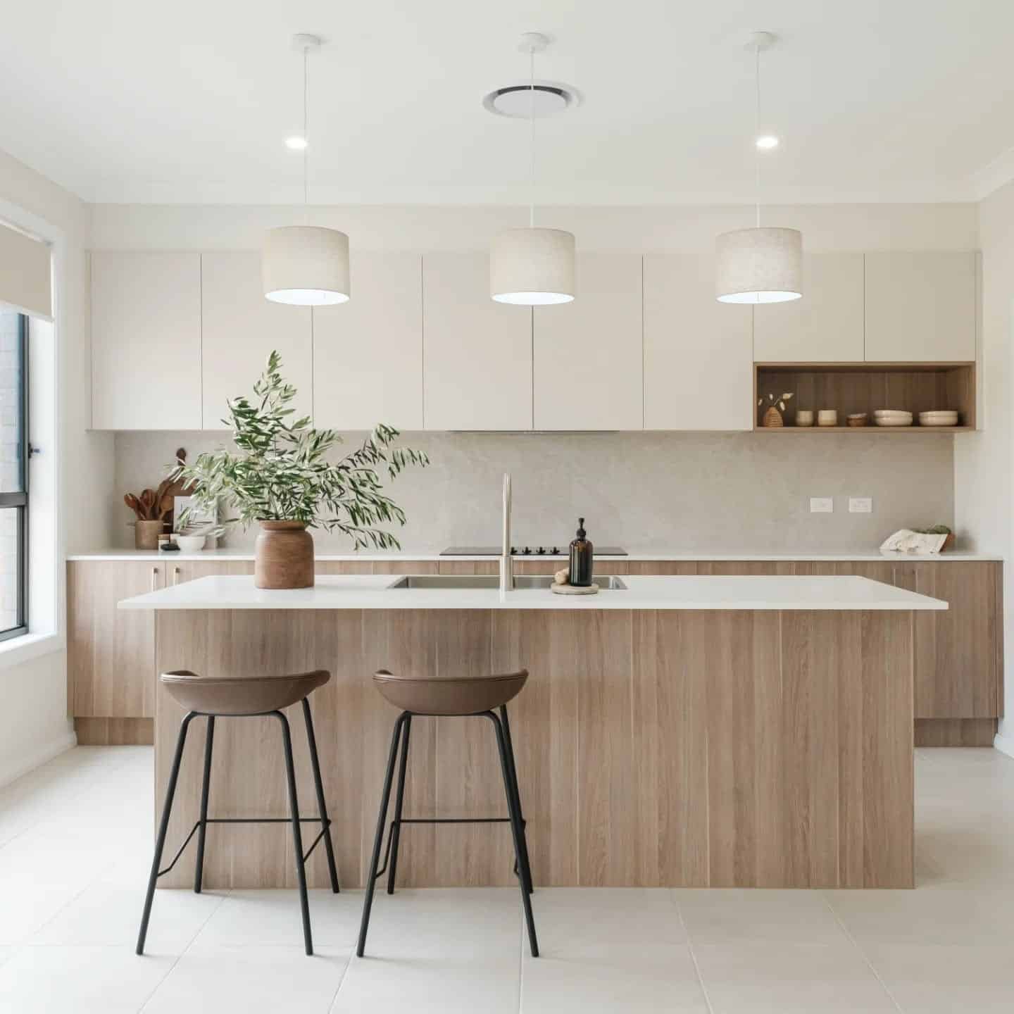 21. Soft Sandstone Minimalism - neutral kitchen ideas