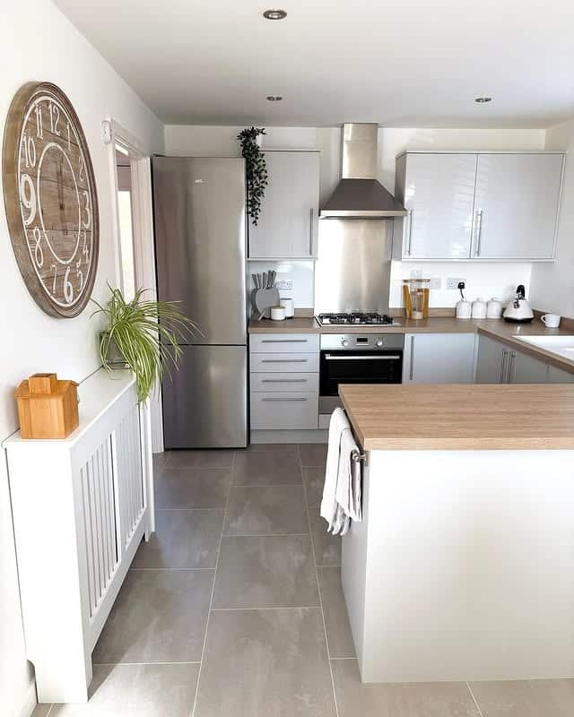 22. Modern Grey & Oak Compact Kitchen - neutral kitchen ideas