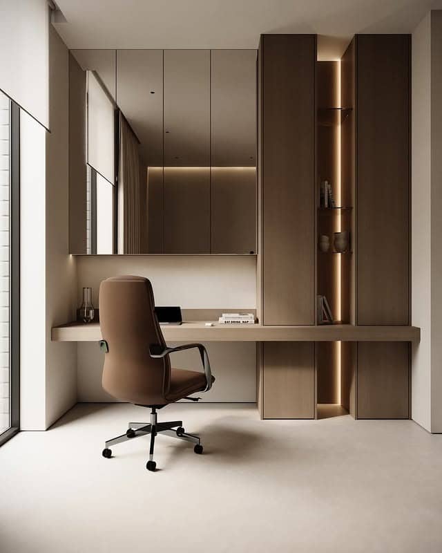1. Sleek Minimal Workspace in Taupe and Mocha - office ideas for women