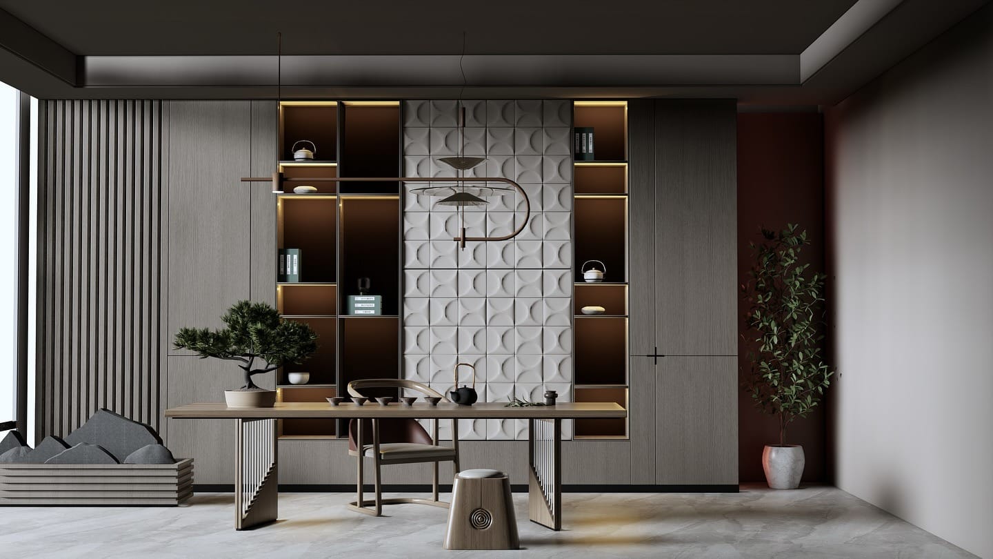 4. Modern Zen Office in Stone and Walnut - office ideas for women