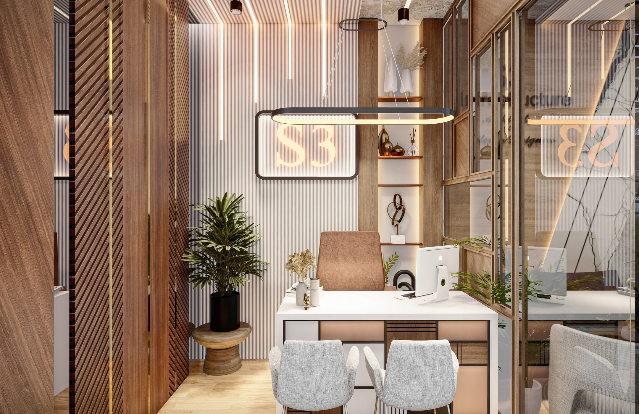 12. Contemporary Warmth in Wood and Blush - office ideas for women