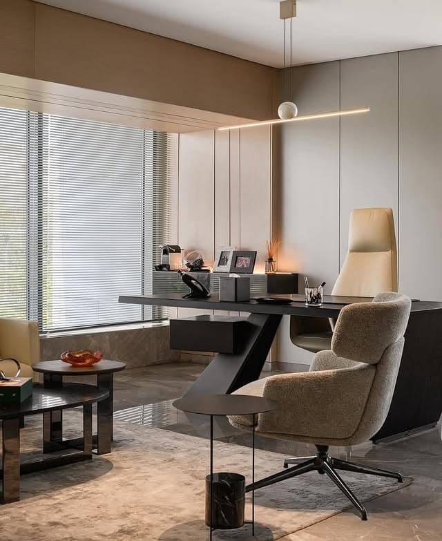 13. Sculpted Minimalism in Taupe and Graphite - office ideas for women