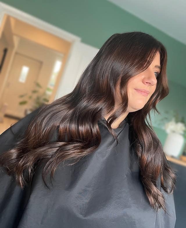 21. Glossy Espresso Waves with Curtain Layers - Espresso Hair Color