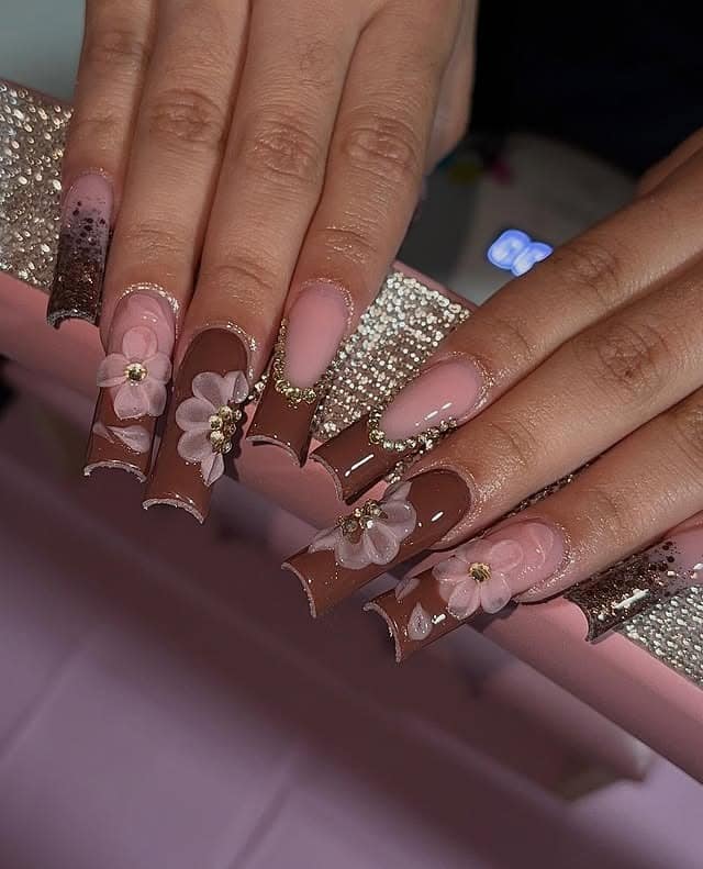 3. Chocolate Blossom Embellished Coffin Nails - fall coffin nail ideas