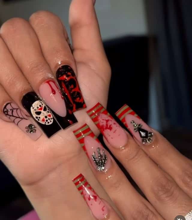 4. Horror Night Coffin Nails in Crimson & Black - fall coffin nail ideas