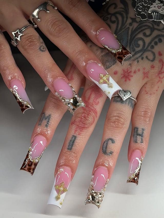 5. Gilded Cross Coffin Nails with Tortoise Detail - fall coffin nail ideas