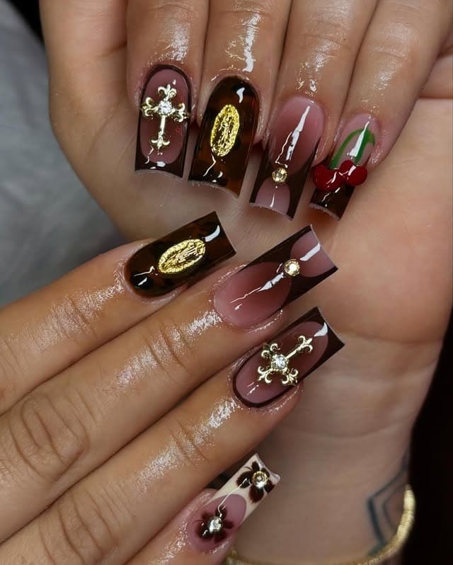 7. Cherry Noir Coffin Nails with Gold Details - fall coffin nail ideas