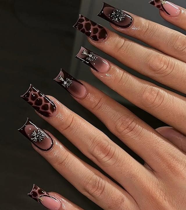 10. Deep Cocoa Animal Print Coffin Nails - fall coffin nail ideas