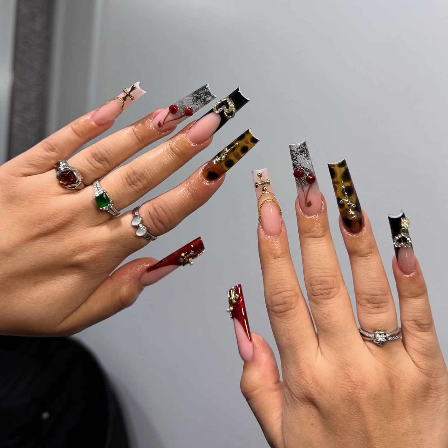 12. Tortoiseshell Luxe Coffin Nails with Cherry and Cross Details - fall coffin nail ideas