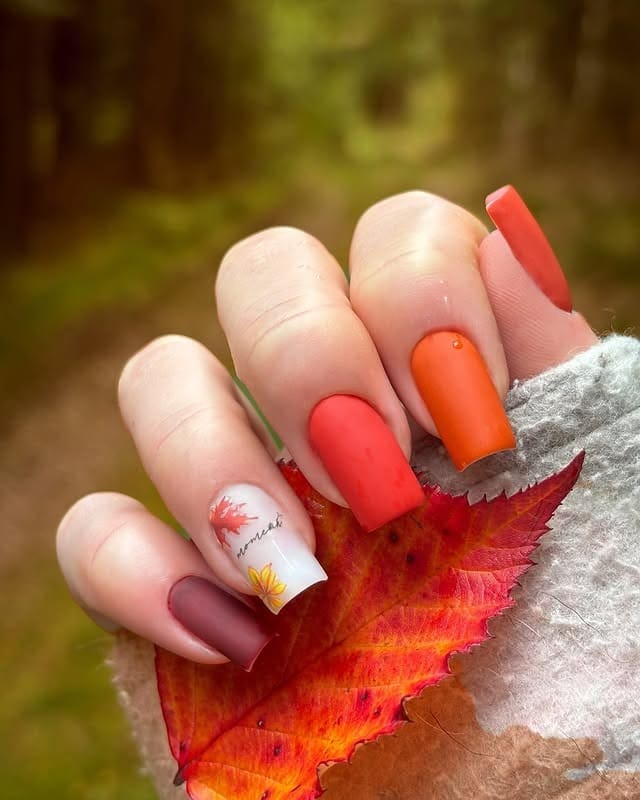 13. Autumn Ombre Coffin Nails in Burnt Orange and Burgundy - fall coffin nail ideas