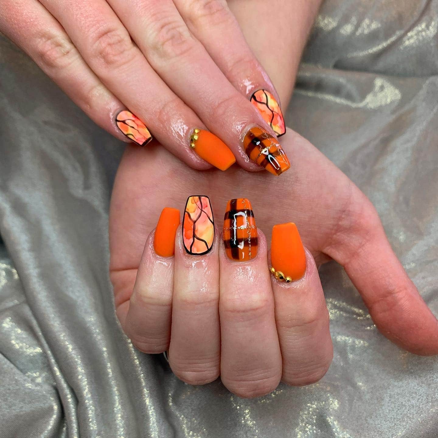 14. Amber Mosaic Coffin Nails with Plaid and Leaf Detail - fall coffin nail ideas