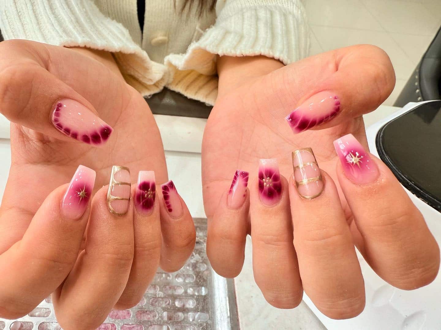 18. Berry Bloom Coffin Nails with Gold Detailing - fall coffin nail ideas