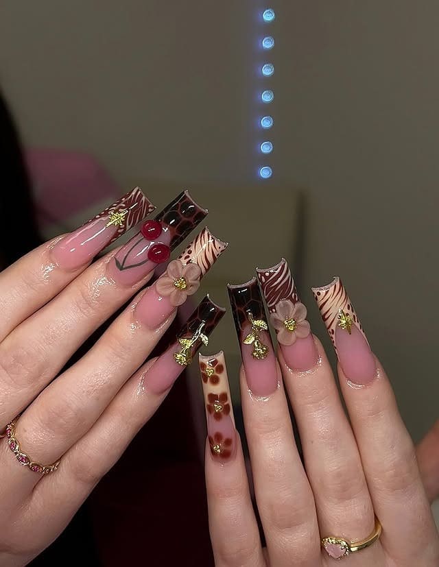 19. Chocolate Cherry Coffin Nails with Gold Embellishments - fall coffin nail ideas