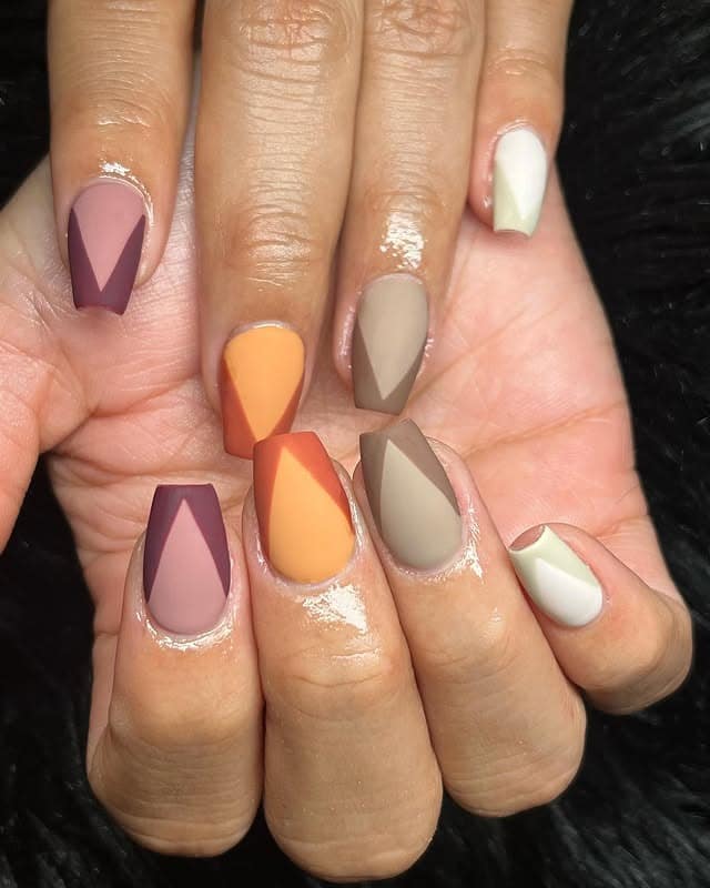 20. Matte Geometric Coffin Nails in Fall Neutrals - fall coffin nail ideas
