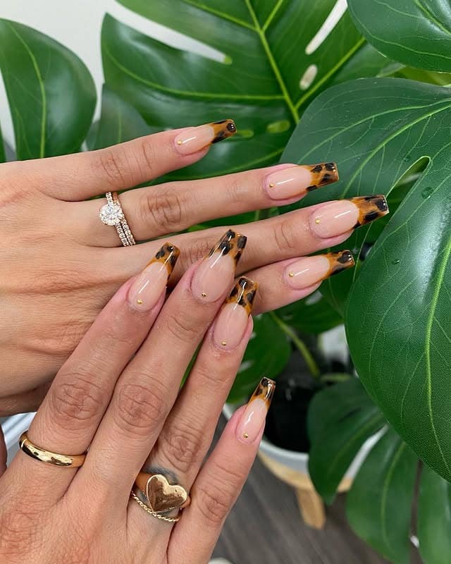 22. Tortoiseshell French Coffin Nails with Gold Detailing - fall coffin nail ideas