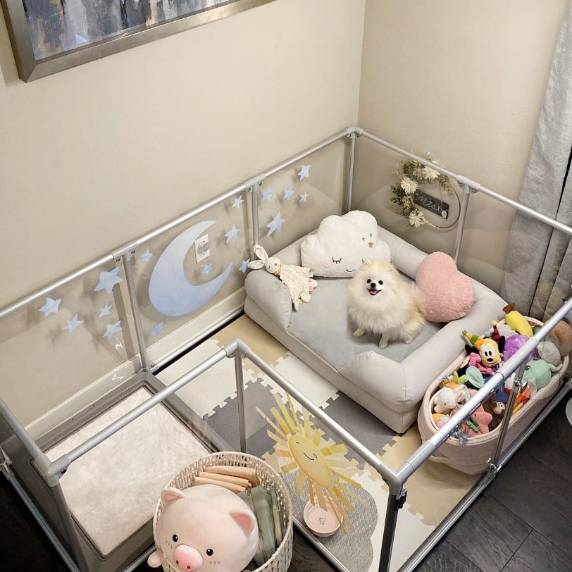 9. Dreamy Playpen Haven in Cloud White and Pastel Gray - dog bedroom ideas