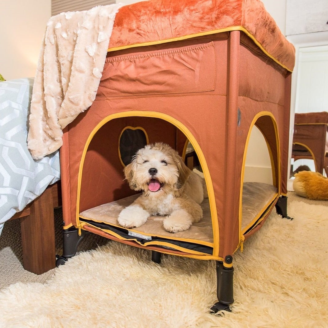 13. Convertible Bedside Den in Terracotta and Beige - dog bedroom ideas