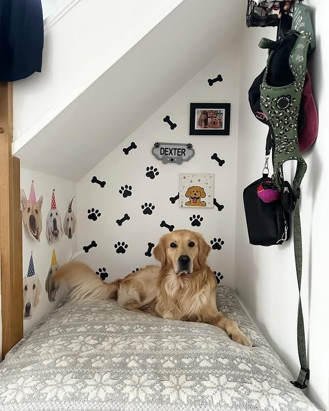 15. Personalized Under-Stair Retreat in Monochrome and Wood Tones - dog bedroom ideas