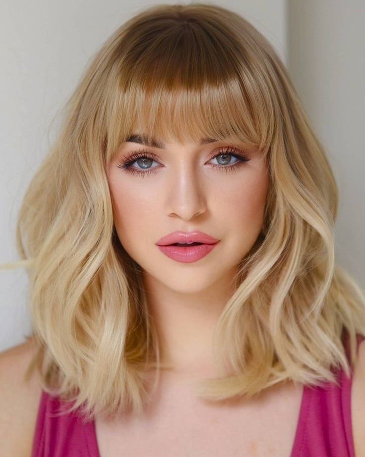 9. Soft Wavy Bob with Blunt Fringe – Golden Butter Blonde - Fringe Hairstyles