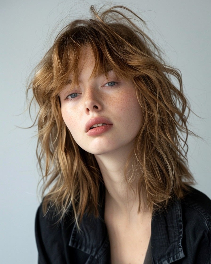 13. Tousled Shag with Wispy Fringe – Effortless Golden Sand Texture - Fringe Hairstyles