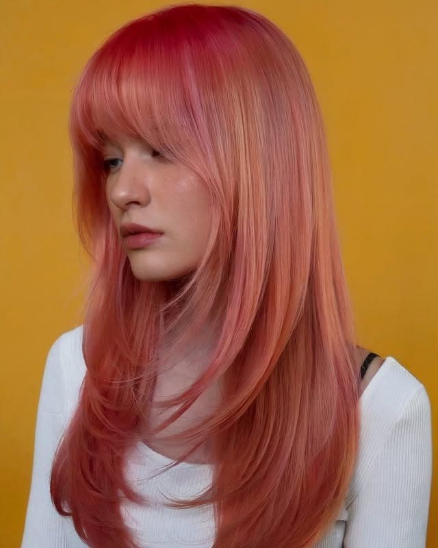 14. Straight Layers with Full Fringe – Soft Coral Dimension - Fringe Hairstyles