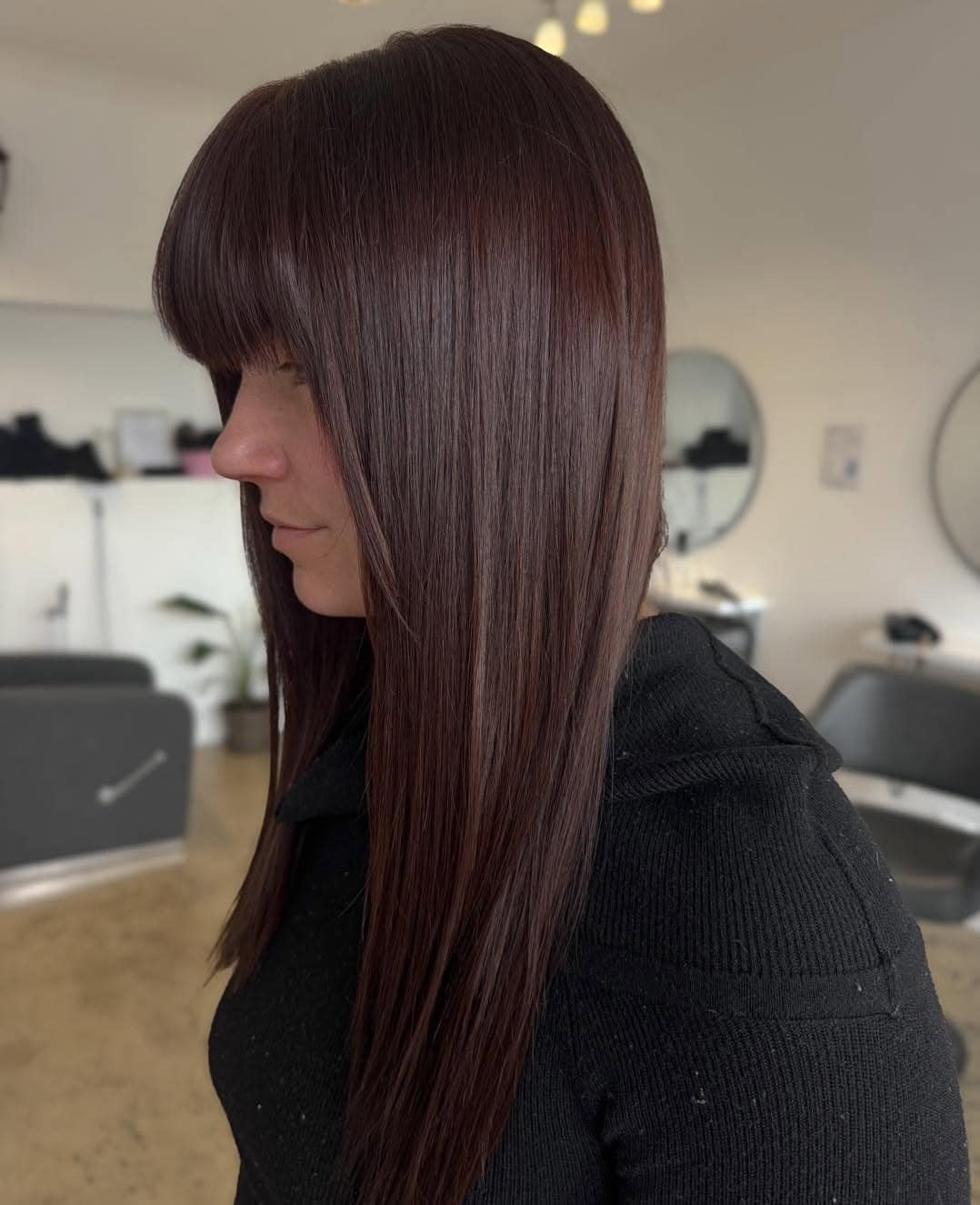 19. Glass Hair with Rounded Fringe – Deep Mahogany Sleekness - Fringe Hairstyles