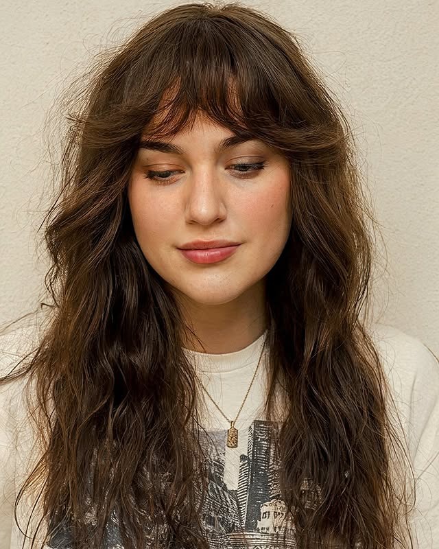 20. Textured Waves with Soft Micro Fringe – Deep Chestnut Flow - Fringe Hairstyles
