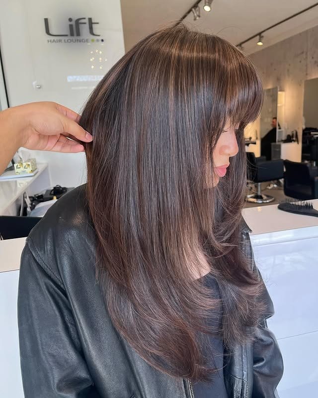 12. Silky Mocha Layers with Fringe - Mocha Hair Color