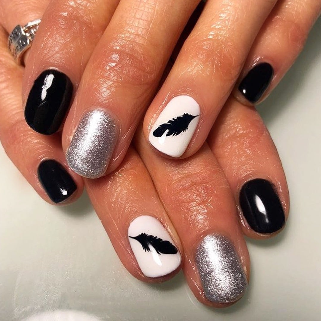 5. Silver Whisper Feather Nails - feather nail ideas