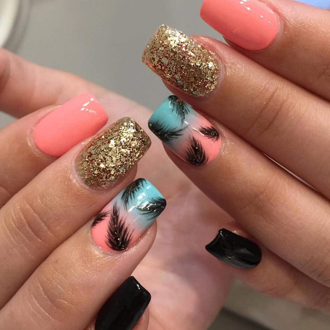 13. Tropical Glam Feather Nails - feather nail ideas