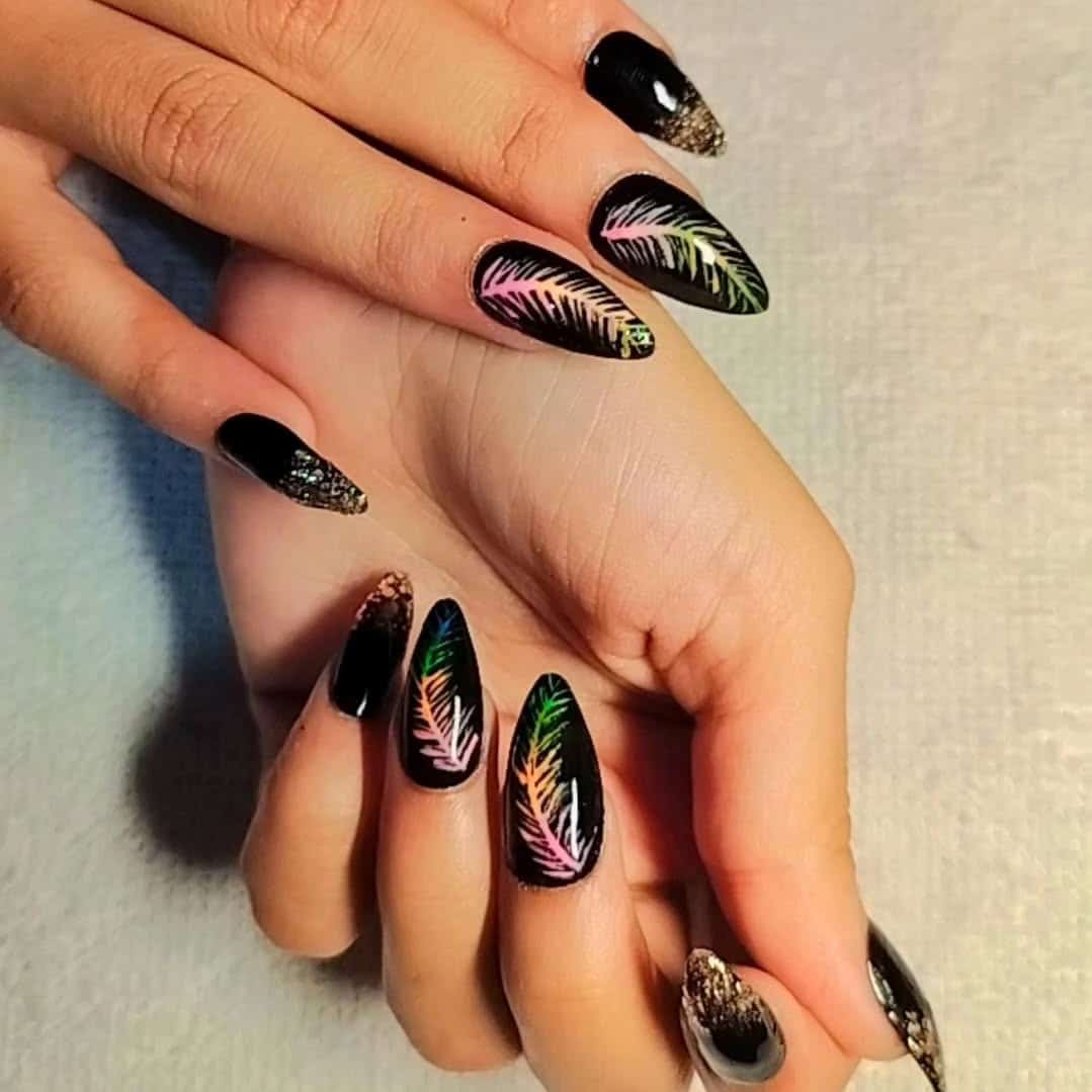 17. Midnight Mirage Feather Nails - feather nail ideas