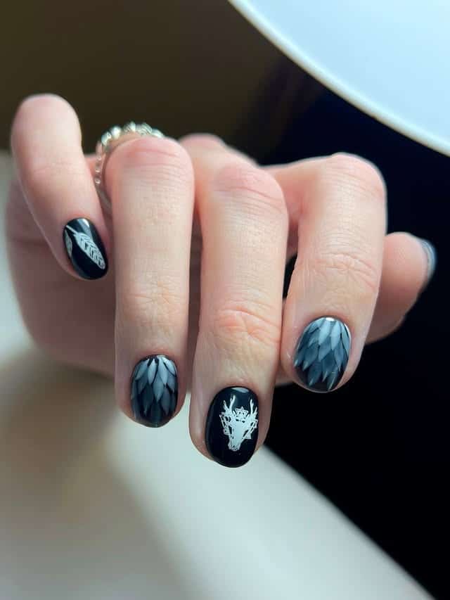21. Charcoal Feather Fantasy Nails - feather nail ideas
